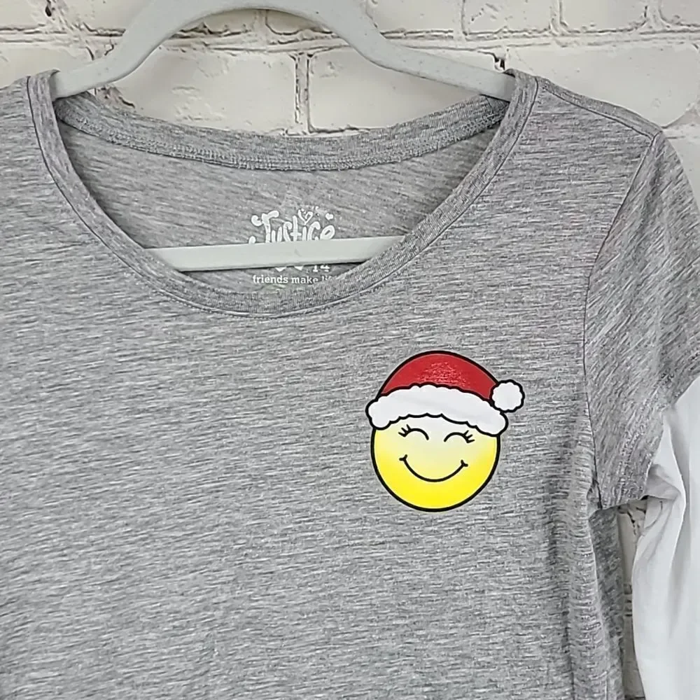 Justice Christmas Tree Girls 14 Emoji Text Bubble Holiday T-Shirt Gray Tee Shirt